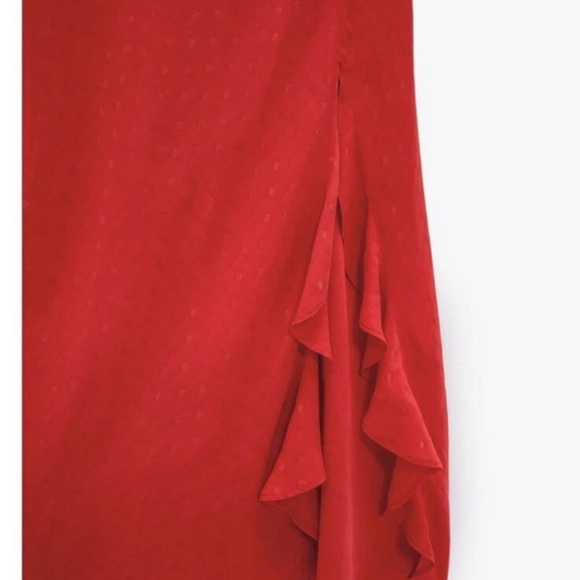 New ZARA JACQUARD DOTTED SLIP DRESS RUFFLE TRIM RED Size XS - Picture 11 of 12